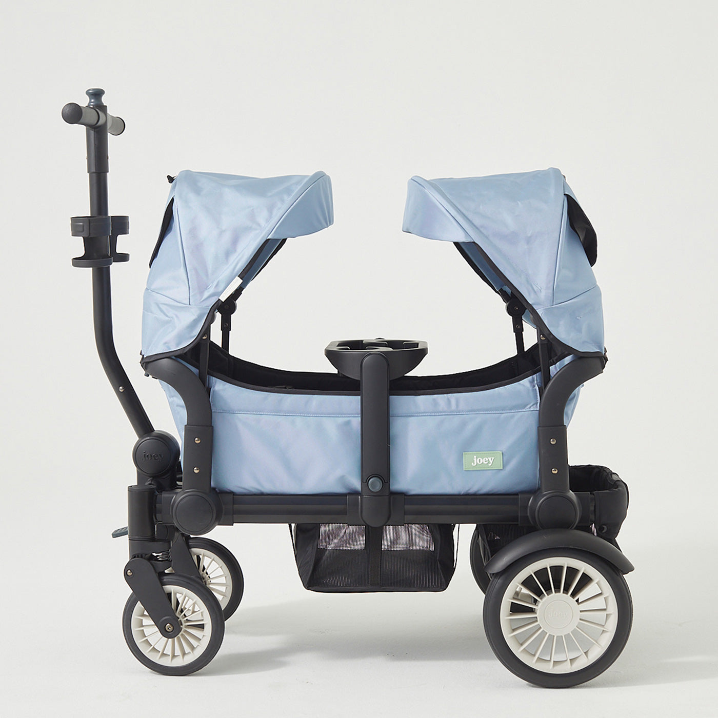 A blue stroller wagon with a push-pull handle, all terrain wheels, two cup holder, foot storage, snack tray, and two UPF 50+ canopies on white background.