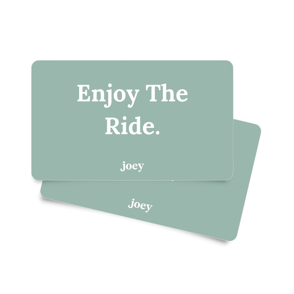 Green Joey gift cards that say "Enjoy The Ride." with a Joey logo in white